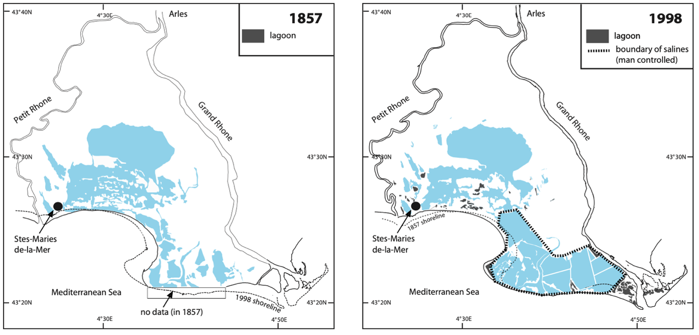Fig 1. Comparaison of ponds extension in 1857 and 1998 (Sabatier et al., 2005)