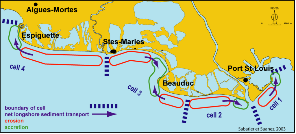 Fig 1. Longshore sediment transport cells and shoreline behaviour along the Rhône Delta coast (Sabatier & Suanez, 2003)